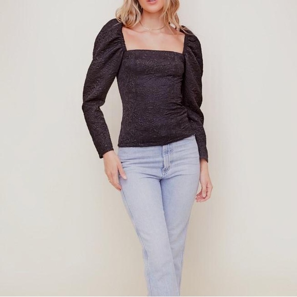 (B29) ASTR the Label Remi Puff Sleeve Black Floral Sparkle Top, Size M, NWT - Picture 2 of 16